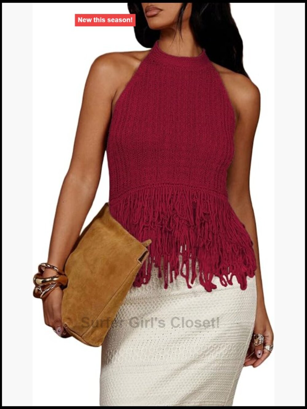 Boho Fringe Halter Tank Top Crochet Knit Backless Sleeveless Summer Tassel Top
